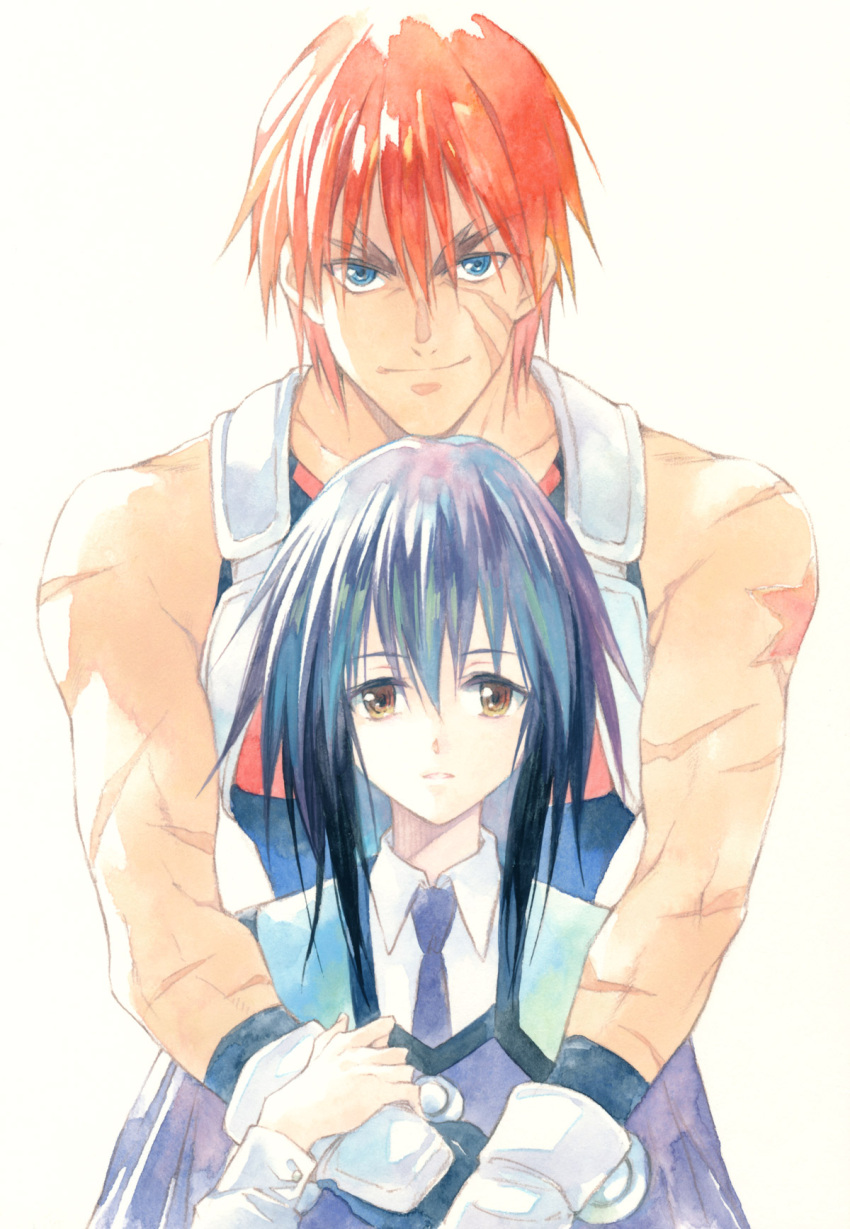 1boy 1girl 90s agahari bare_shoulders blue_eyes blue_gloves blue_hair blue_neckwear brown_eyes calligraphy_brush_(medium) closed_mouth collared_shirt colored_pencil_(medium) eyebrows_visible_through_hair gene_starwind gloves hair_between_eyes highres hug hug_from_behind looking_at_viewer melfina_(outlaw_star) necktie outlaw_star parted_lips red_eyes redhead scar shirt shueisha simple_background smile sunrise_(studio) traditional_media tv_tokyo white_background white_shirt wing_collar