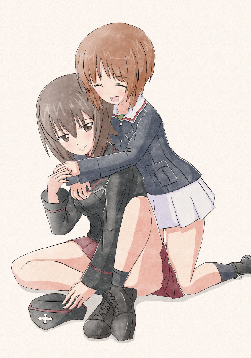 2girls absurdres ankle_boots bangs black_footwear black_headwear black_jacket black_legwear blue_jacket boots brown_eyes brown_hair closed_eyes closed_mouth commentary cross-laced_footwear dress_shirt eyebrows_visible_through_hair garrison_cap girls_und_panzer green_shirt hat hat_removed headwear_removed highres holding holding_hat hug hug_from_behind insignia jacket kneeling kuromorimine_military_uniform leaning_forward light_blush long_sleeves looking_at_viewer military military_hat military_uniform miniskirt multiple_girls munisuke_(zrkt7883) nishizumi_maho nishizumi_miho ooarai_military_uniform open_mouth pleated_skirt red_shirt red_skirt shirt short_hair siblings simple_background sisters skirt smile socks traditional_media uniform white_background white_skirt wing_collar zipper