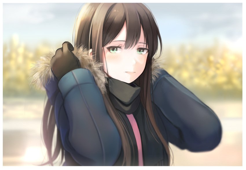 1girl black_gloves blurry blush brown_hair closed_mouth depth_of_field fur_trim gloves green_eyes highres hinoshita_akame idolmaster idolmaster_cinderella_girls long_hair looking_at_viewer shibuya_rin solo upper_body winter_clothes