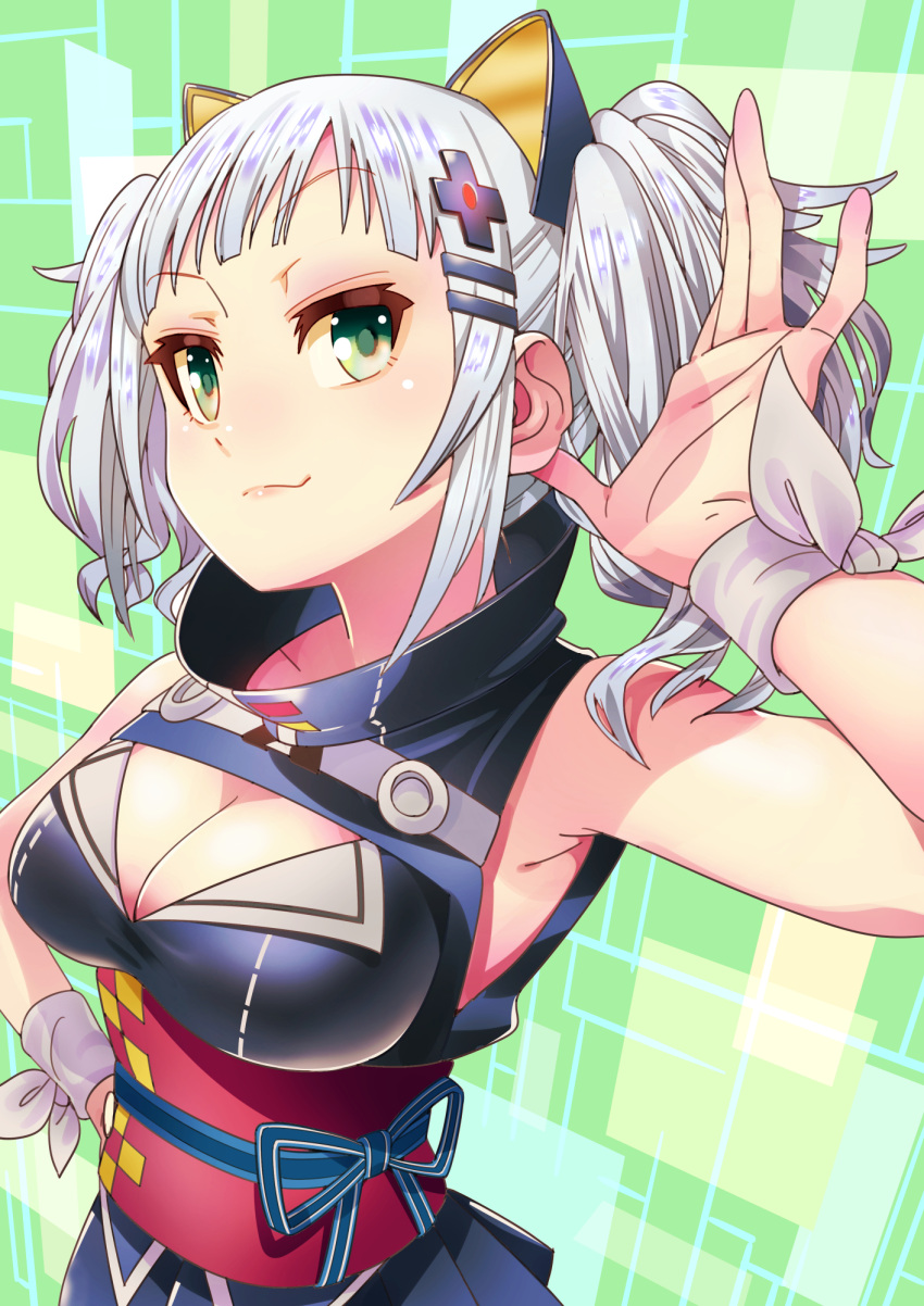 1girl armpits breasts cleavage cleavage_cutout closed_mouth commentary_request green_background green_eyes hair_ornament hairclip hand_on_hip highres kaguya_luna kaguya_luna_(character) medium_breasts obi sash short_hair silver_hair smile solo tsurukame_(doku) twintails