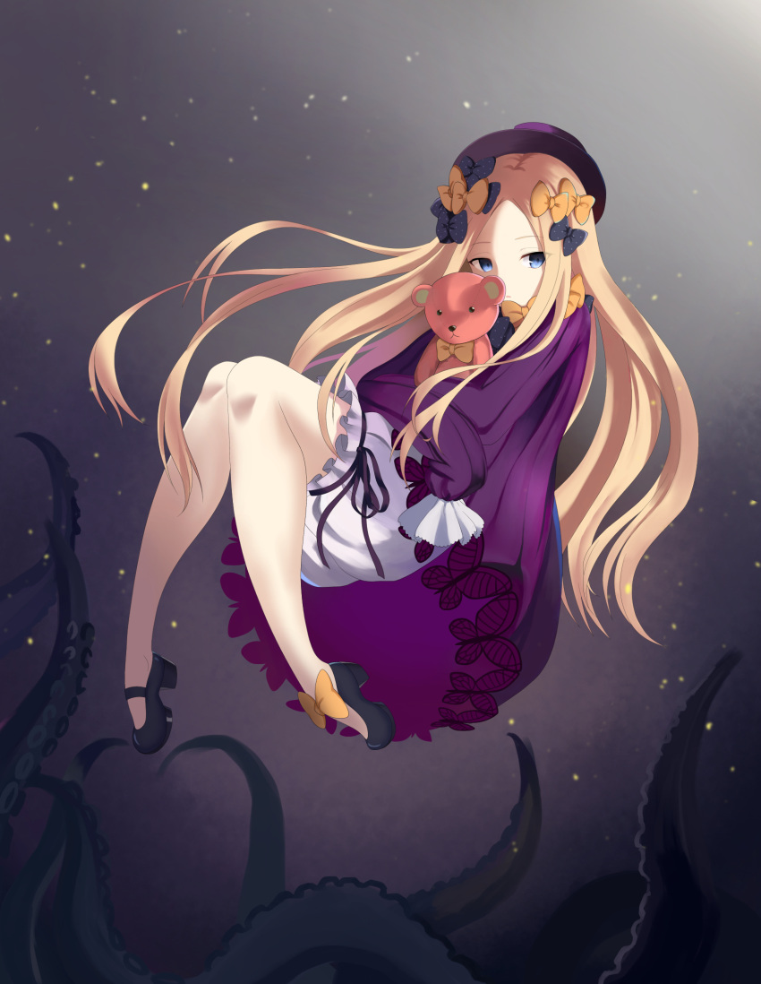 1girl abigail_williams_(fate/grand_order) bangs black_bow black_footwear blonde_hair bloomers blue_eyes bow butterfly commentary_request dress eyebrows_visible_through_hair fate/grand_order fate_(series) forehead hair_bow hat highres long_hair long_sleeves looking_at_viewer mary_janes nemurinemuri object_hug orange_bow parted_bangs parted_lips polka_dot polka_dot_bow purple_dress purple_hat shoes sleeves_past_fingers sleeves_past_wrists solo stuffed_animal stuffed_toy suction_cups teddy_bear tentacle underwear very_long_hair white_bloomers
