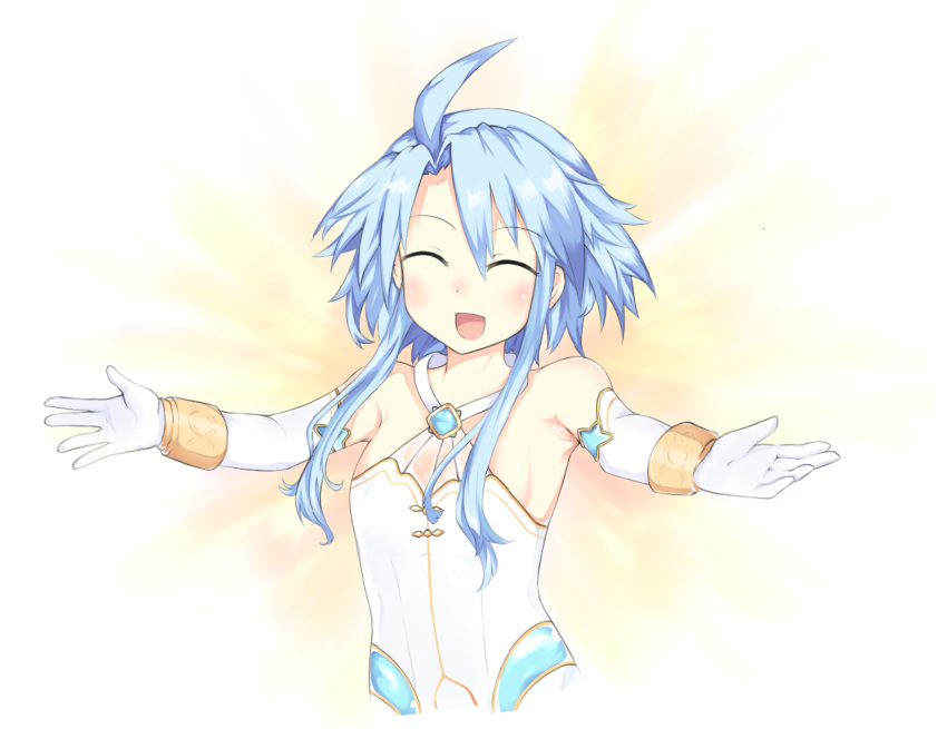 1girl ahoge blue_hair blush four_goddesses_online:_cyber_dimension_neptune gloves leotard long_hair looking_at_viewer neptune_(series) open_mouth power_symbol short_hair_with_long_locks sidelocks smile solo symbol-shaped_pupils white_heart