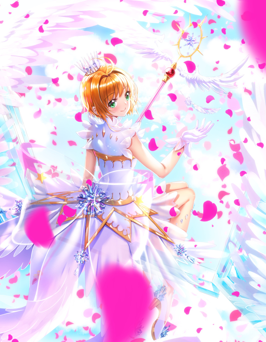 1girl bangs blurry blurry_foreground blush brown_hair card_captor_sakura closed_mouth commentary_request crown crystal depth_of_field dress eyebrows_visible_through_hair feathered_wings feathers fuuin_no_tsue gloves green_eyes hand_up highres kinomoto_sakura looking_at_viewer looking_back mini_crown petals see-through sitting sleeveless sleeveless_dress smile solo swordsouls white_dress white_feathers white_gloves white_wings wings