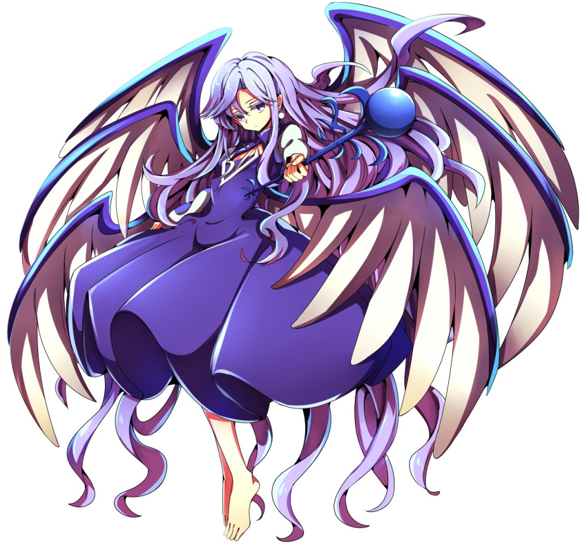 1girl angel_wings baba_(baba_seimaijo) barefoot blue_hair commentary_request dress earrings full_body highres jewelry long_hair long_sleeves multiple_wings sariel solo staff touhou touhou_(pc-98) transparent_background very_long_hair wings
