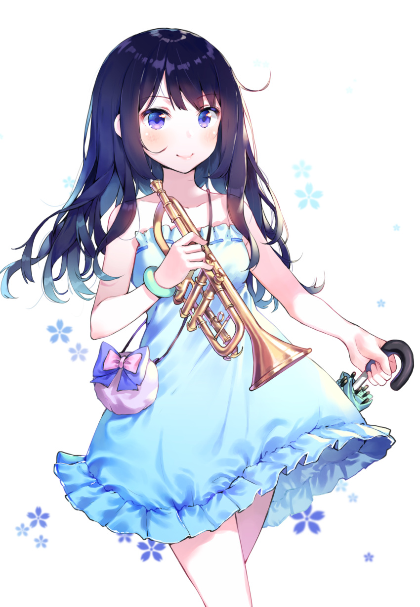 1girl bag bangle bangs bare_arms bare_shoulders black_hair blue_dress blue_eyes blue_umbrella blush bracelet closed_mouth closed_umbrella collarbone commentary_request dress eyebrows_visible_through_hair floral_background handbag hibike!_euphonium highres holding holding_instrument holding_umbrella instrument jewelry kousaka_reina long_hair ribbon-trimmed_dress shoonear shoulder_bag smile solo strapless strapless_dress trumpet umbrella white_background