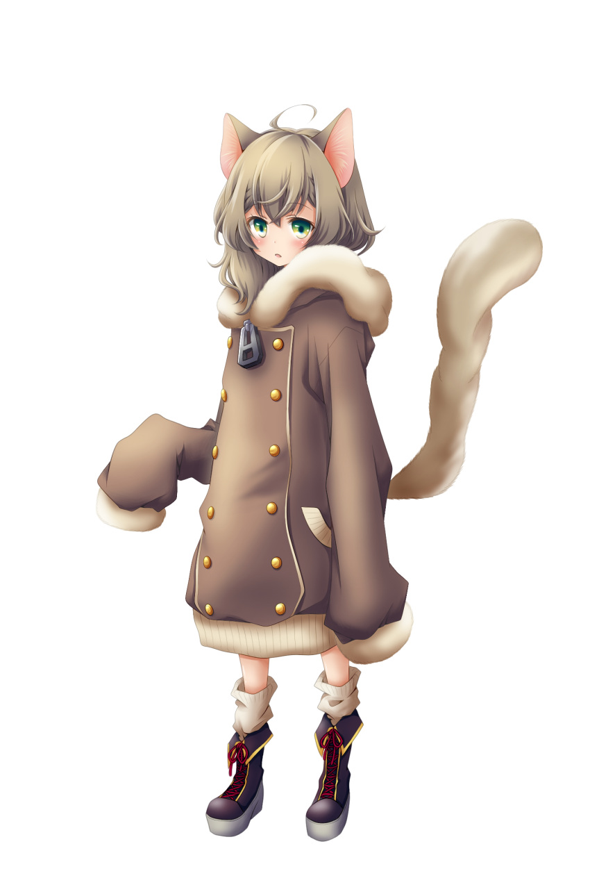 1girl animal_ears blush brown_coat brown_hair cat_ears cat_tail coat full_body fur_trim green_eyes highres long_sleeves looking_at_viewer open_mouth oversized_clothes piyopiyomaru8823 shoes socks solo standing tail zipper