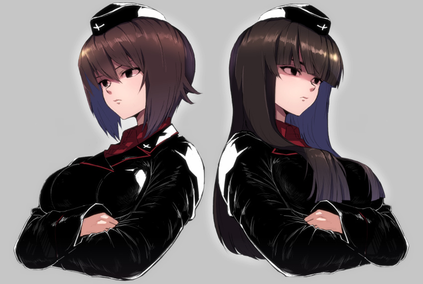 2girls back-to-back bangs black_hat black_jacket blunt_bangs breasts brown_eyes brown_hair closed_mouth commentary_request crossed_arms dress_shirt garrison_cap girls_und_panzer grey_background hair_over_shoulder hat jacket kuromorimine_military_uniform large_breasts long_hair long_sleeves medium_breasts military military_hat military_uniform mityubi mother_and_daughter multiple_girls nishizumi_maho nishizumi_shiho red_shirt shirt short_hair simple_background standing uniform upper_body