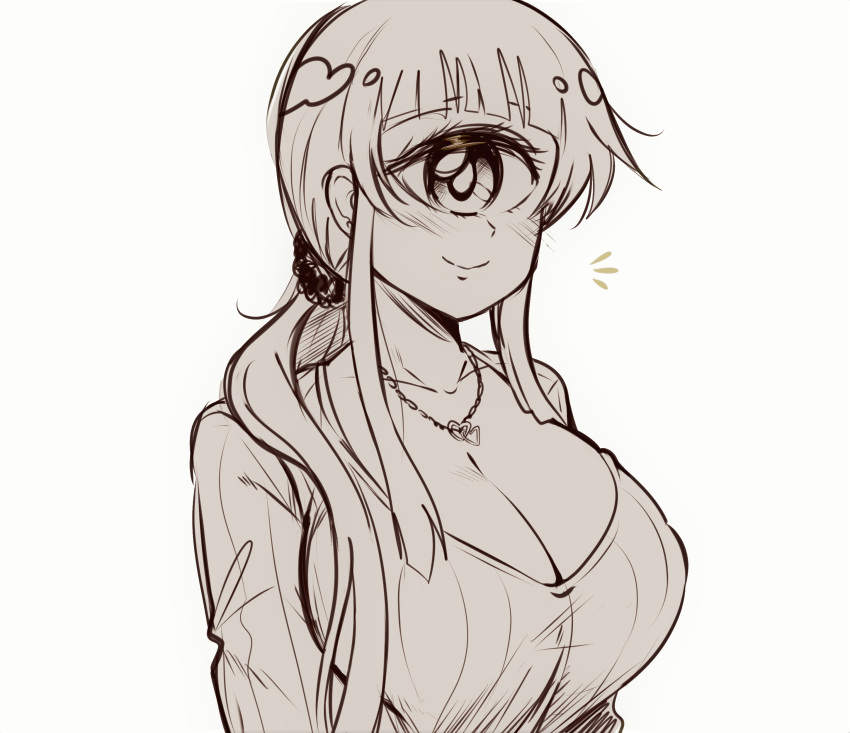 1girl absurdres breasts cleavage cyclops drawfag highres hitomi_sensei_no_hokenshitsu jewelry large_breasts manaka_hitomi necklace one-eyed ponytail scrunchie sketch smile solo upper_body