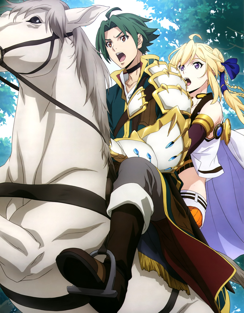 1boy 1girl absurdres ahoge blonde_hair blue_ribbon collarbone day forest from_below gauntlets grancrest_senki green_hair grey_pants hair_between_eyes hair_bun hair_ribbon highres horse long_hair midriff nature official_art open_mouth orange_eyes outdoors pants ribbon riding siluca_meletes spaulders theo_cornaro violet_eyes