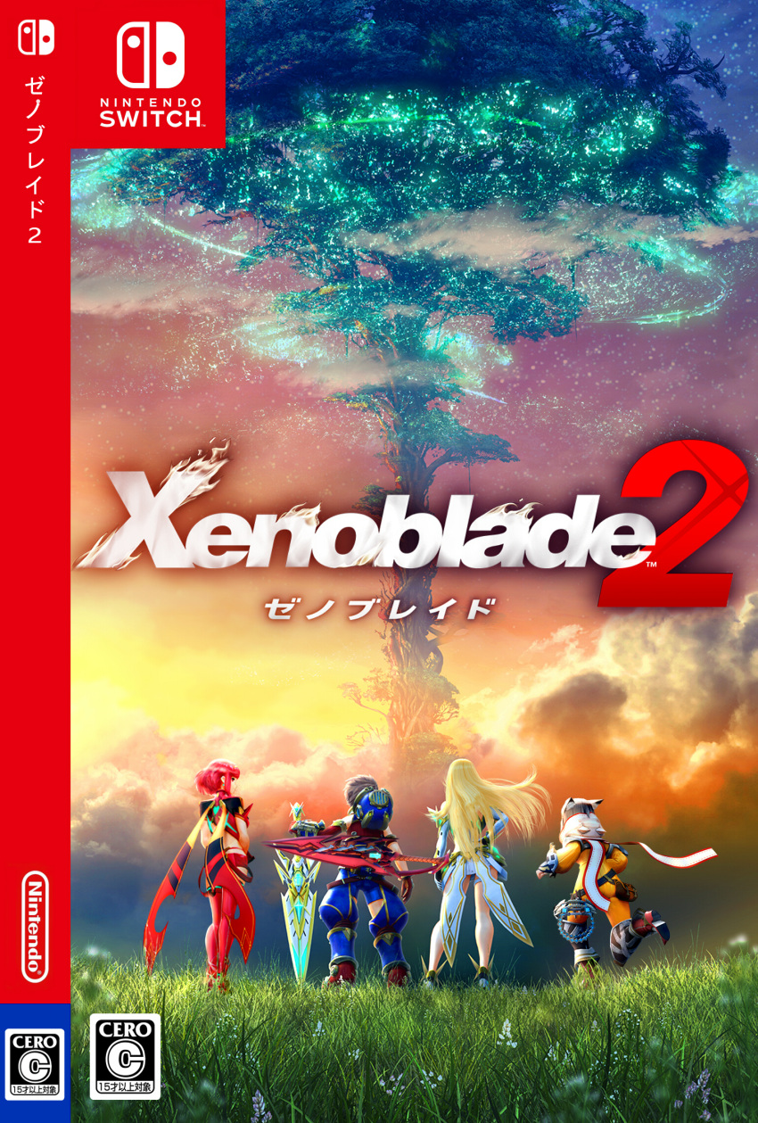 1boy 3girls animal_ears armor ass bangs black_hair blonde_hair blunt_bangs blush bodysuit breasts brown_hair cat_ears cleavage crotchless_pants dress eyebrows field gloves hair_ornament highres long_hair murasaki_saki mythra_(xenoblade) nintendo niyah pyra_(xenoblade) redhead rex_(xenoblade_2) short_hair silver_hair sky sword tree weapon white_gloves xenoblade xenoblade_2 yellow_bodysuit