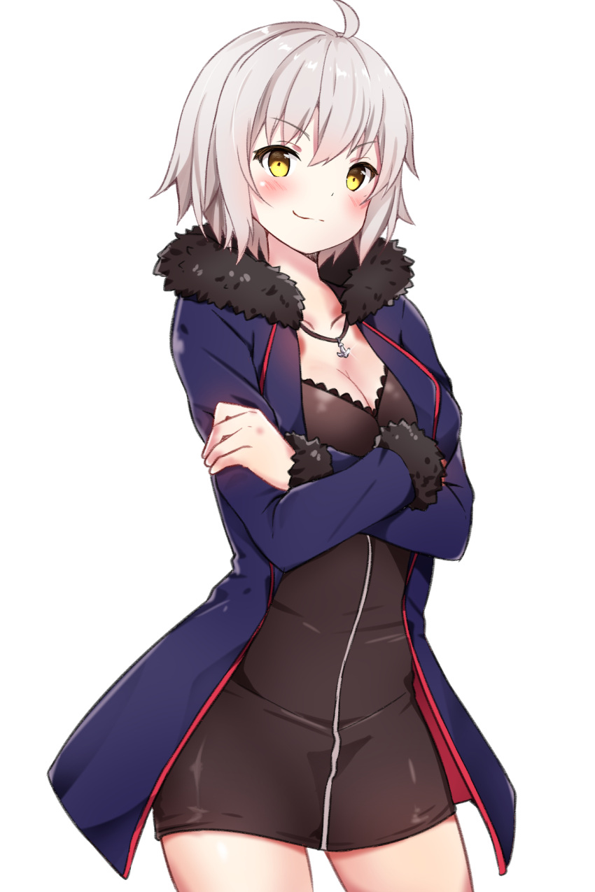 1girl ahoge blush breasts cleavage crossed_arms eyebrows_visible_through_hair fate/grand_order fate_(series) fur_trim hey_xander highres jeanne_d'arc_(alter)_(fate) jeanne_d'arc_(fate)_(all) jewelry looking_at_viewer medium_breasts necklace short_hair silver_hair simple_background smile solo standing white_background yellow_eyes