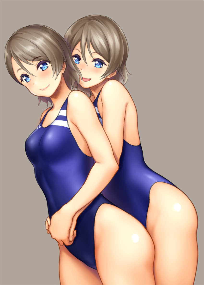 2girls blue_eyes competition_swimsuit hand_holding highres hug looking_at_viewer love_live! love_live!_sunshine!! mother_and_daughter multiple_girls nozomi-y one-piece_swimsuit open_mouth short_hair simple_background smile swimsuit watanabe_you