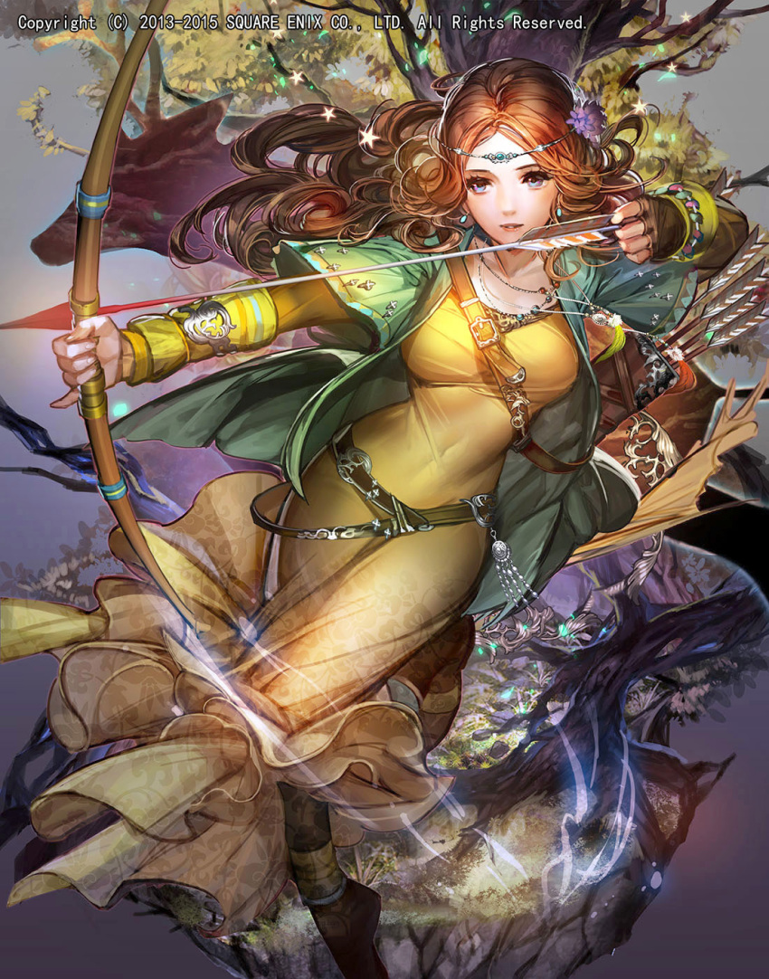 1girl aiming arrow bangs belt blue_eyes boots bow_(weapon) breasts brown_footwear brown_hair circlet covered_navel deer dress emperors_saga fingerless_gloves fingernails flower gloves green_jacket hair_flower hair_ornament highres holding holding_weapon jacket jewelry large_breasts liduke long_dress long_hair looking_afar necklace parted_bangs parted_lips pinky_out single_fingerless_glove single_glove solo standing standing_on_one_leg tree watermark weapon yellow_dress