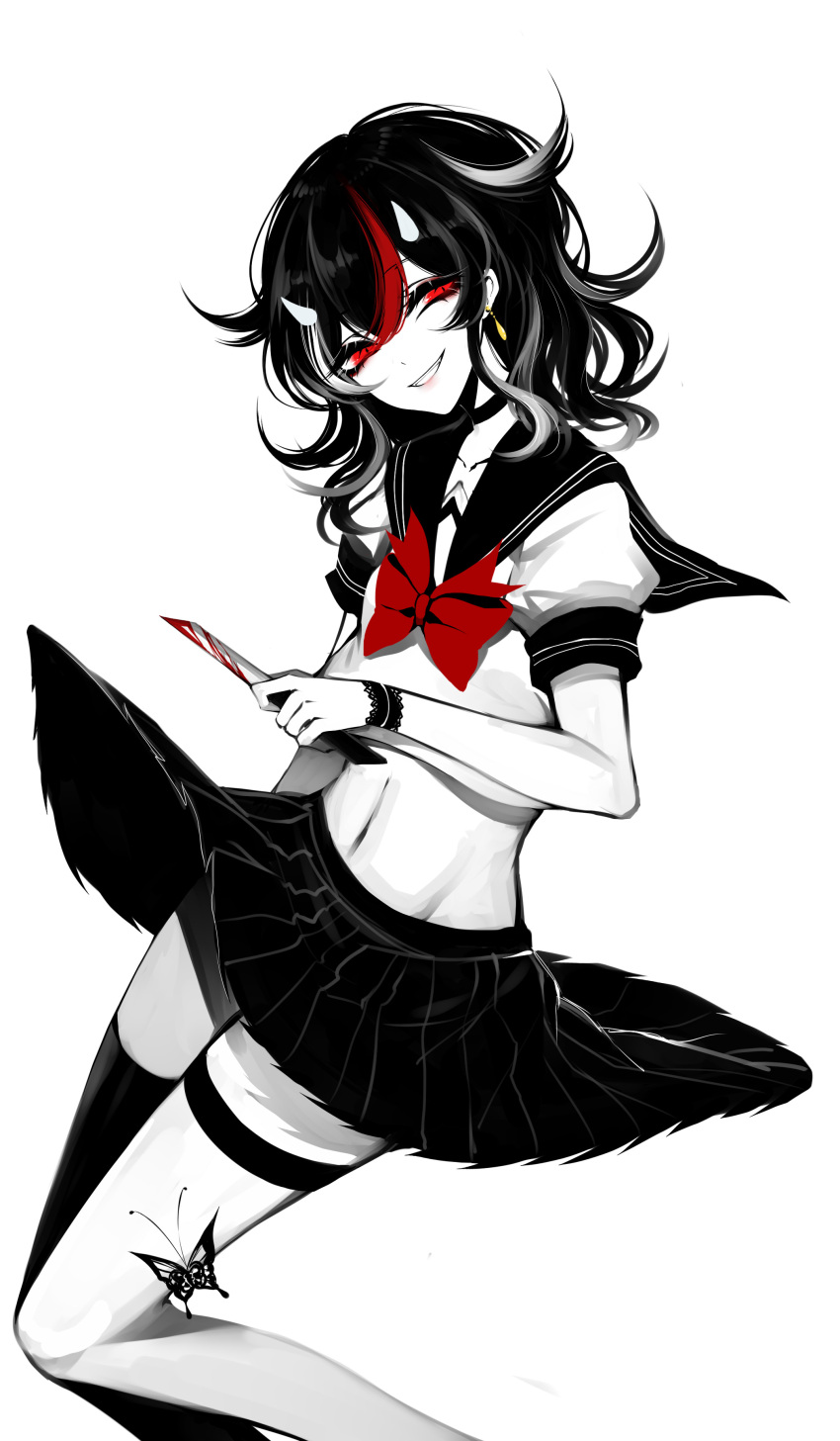 1girl absurdres black_choker black_hair blood bow butterfly choker collarbone crop_top earrings greyscale grin head_tilt highres holding holding_knife horns jewelry kijin_seija knife limited_palette looking_at_viewer medium_hair midriff miniskirt monochrome pleated_skirt puffy_short_sleeves puffy_sleeves red_bow red_eyes redhead school_uniform serafuku sheya short_sleeves simple_background single_thighhigh skirt smile solo spot_color thigh-highs touhou white_background white_hair wristband