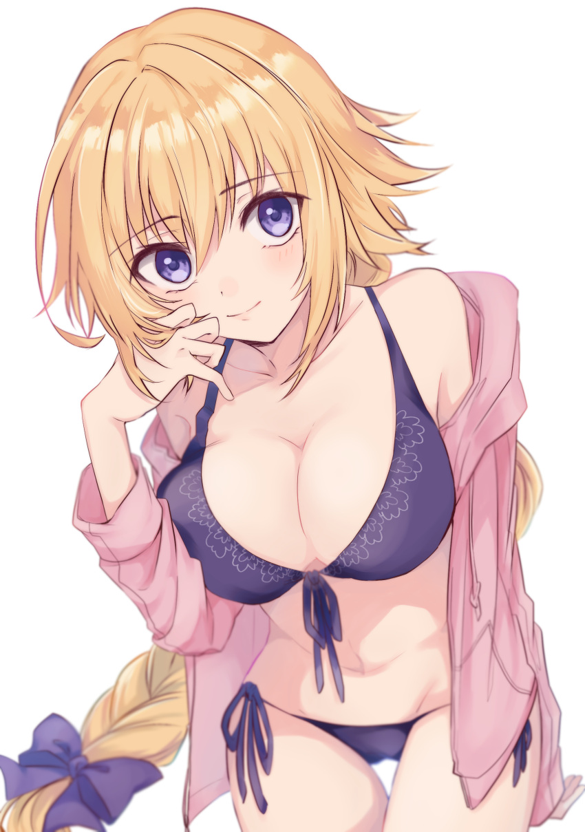 1girl absurdres akym bikini blonde_hair bow braid cleavage fate/apocrypha fate/grand_order fate_(series) front-tie_top gluteal_fold hair_bow highres jacket jeanne_d'arc_(fate) jeanne_d'arc_(fate)_(all) leaning_forward long_braid looking_at_viewer lowleg lowleg_bikini pink_jacket purple_bikini purple_bow side-tie_bikini simple_background single_braid solo swimsuit thigh_gap violet_eyes white_background