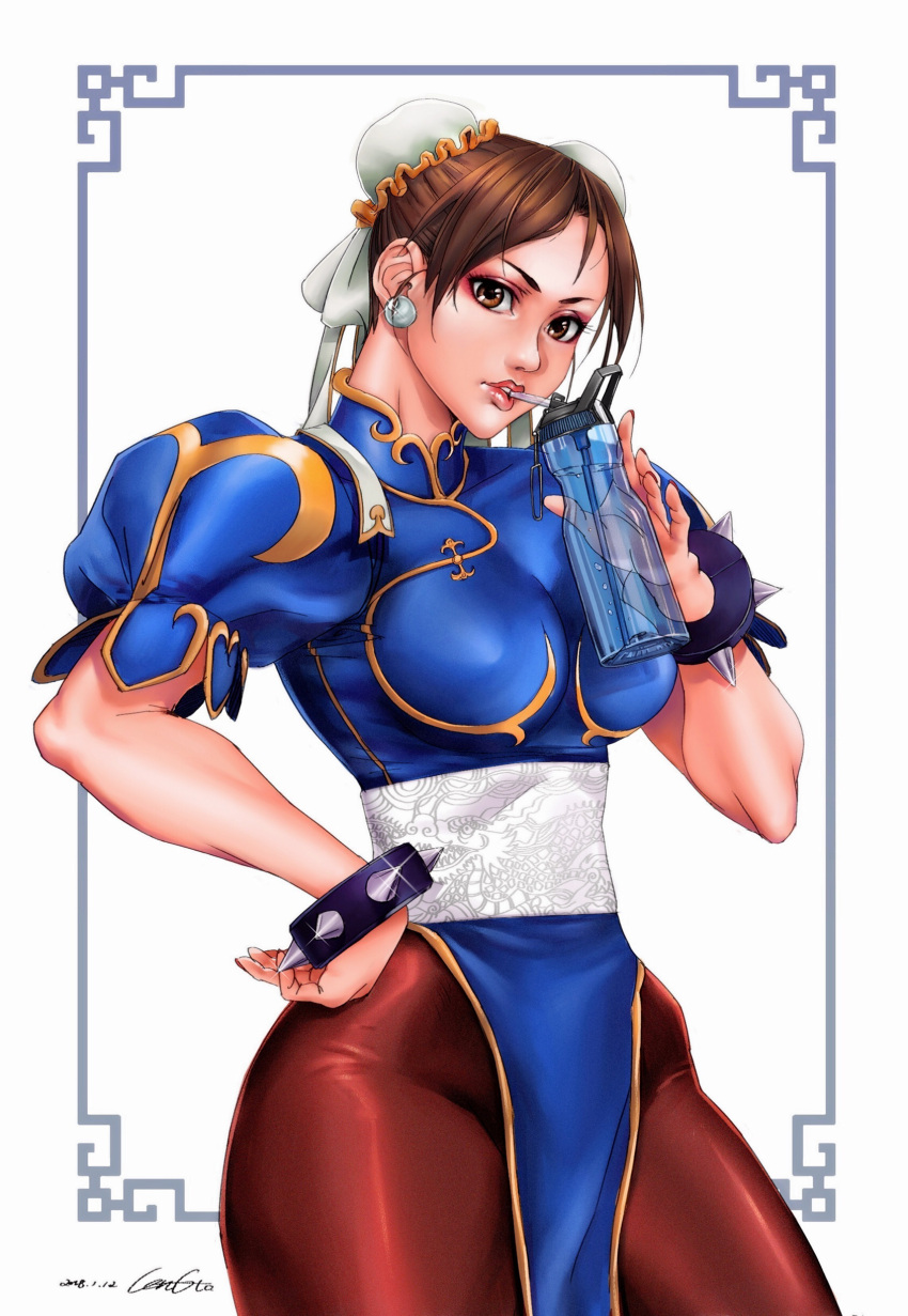 1girl absurdres blue_dress bottle bracelet breasts brown_eyes brown_hair brown_legwear bun_cover china_dress chinese_clothes chun-li double_bun dress earrings eyeshadow facing_viewer gtolin_chang hand_on_hip highres jewelry lips looking_at_viewer makeup medium_breasts pantyhose pelvic_curtain puffy_short_sleeves puffy_sleeves refraction sash short_sleeves slender_waist solo spiked_bracelet spikes street_fighter thick_thighs thighs water_bottle