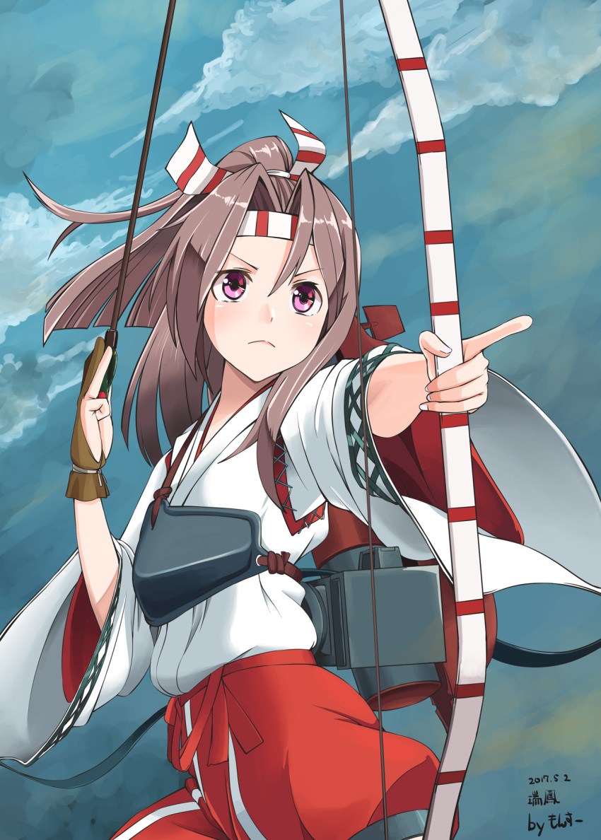 &gt;:( 1girl artist_name bow_(weapon) brown_hair commentary_request cowboy_shot dated flat_chest gloves hachimaki hair_between_eyes headband high_ponytail highres holding holding_bow_(weapon) holding_weapon japanese_clothes kantai_collection long_hair monsuu_(hoffman) muneate partly_fingerless_gloves ponytail solo weapon yugake zuihou_(kantai_collection)