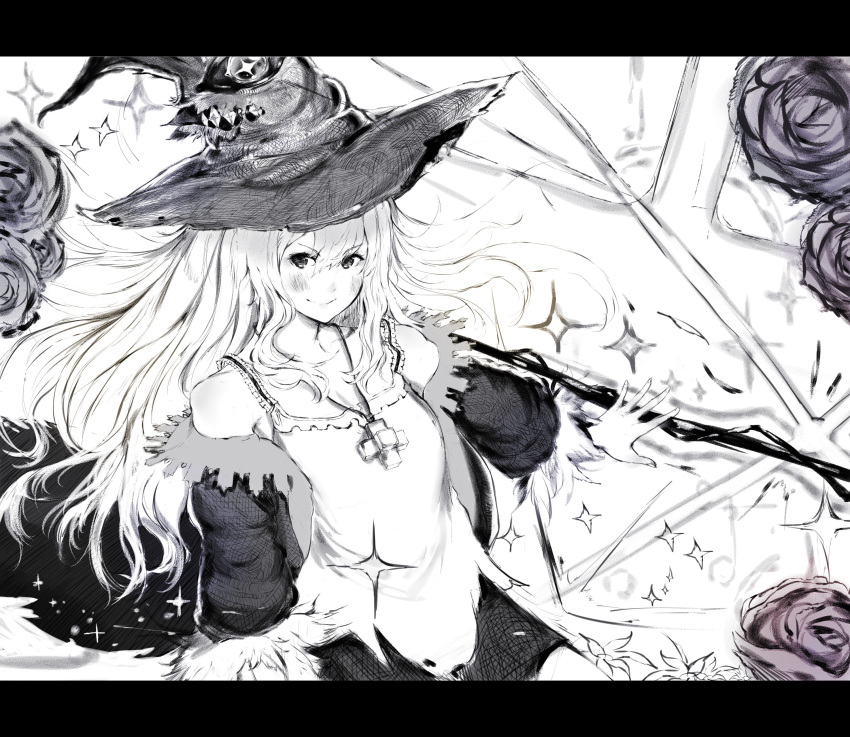 1girl absurdres bare_shoulders black_cape breasts cape closed_mouth collarbone dorothy_(shingeki_no_bahamut) eyebrows_visible_through_hair greyscale hair_between_eyes hat highres jewelry long_hair looking_at_viewer monochrome mugo_(mugokii) necklace shadowverse shingeki_no_bahamut small_breasts smile solo sparkle staff witch witch_hat