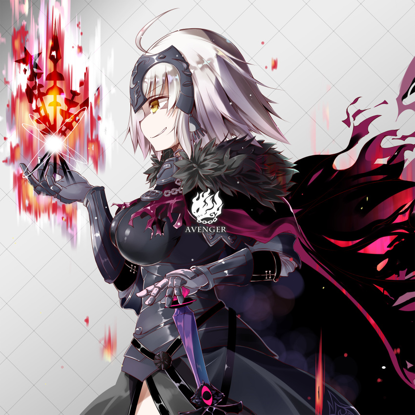 1girl ahoge armor armored_dress black_dress breasts chains commentary_request dress fate/grand_order fate_(series) from_side fur_trim gauntlets grey_background grin hand_on_hilt hand_up headpiece highres itotin jeanne_d'arc_(alter)_(fate) jeanne_d'arc_(fate)_(all) large_breasts profile short_hair silver_hair smile solo sword weapon yellow_eyes