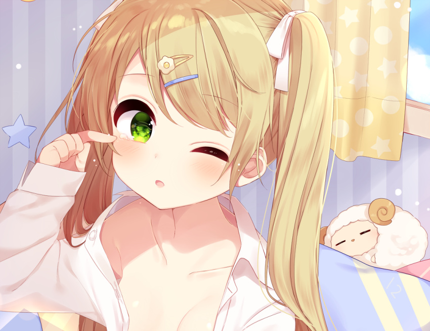 1girl ;o bangs blush bow breasts closed_eyes collarbone curtains eyebrows_visible_through_hair green_eyes hair_between_eyes hair_bow hair_ornament hairclip indoors light_brown_hair long_hair long_sleeves looking_at_viewer mafuyu_(chibi21) one_eye_closed open_clothes open_shirt original parted_lips sheep shirt sleepy sleeves_past_wrists small_breasts solo star striped tears twintails vertical_stripes very_long_hair waking_up white_bow white_shirt window
