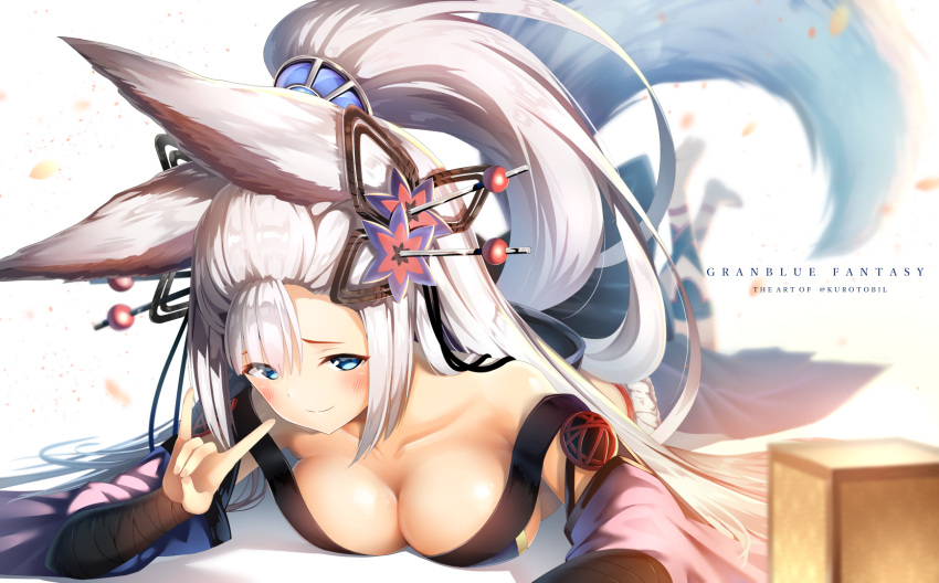 1girl animal_ears artist_name barefoot blue_eyes blurry blush breasts closed_mouth collarbone commentary_request copyright_name depth_of_field english erun_(granblue_fantasy) granblue_fantasy hair_ornament hairpin hand_gesture high_ponytail highres kurotobi_rarumu large_breasts legs_up long_hair lying on_stomach silver_hair smile socie_(granblue_fantasy) solo tail twitter_username very_long_hair white_background