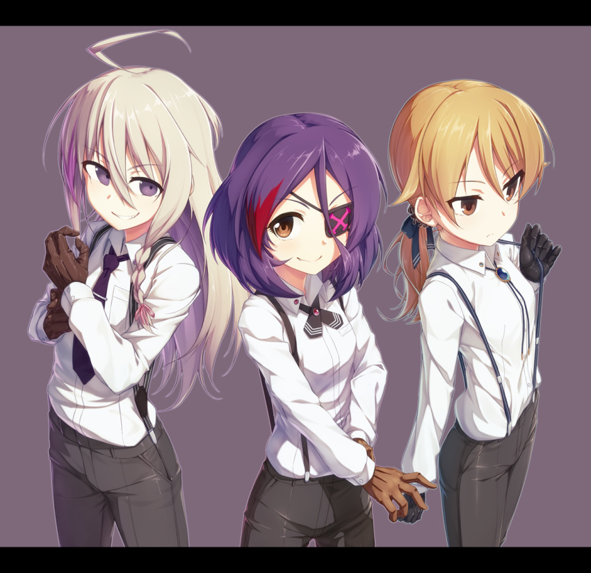 3girls black_gloves black_pants blue_bow bolo_tie bow brooch brown_background brown_eyes brown_gloves brown_hair collared_shirt commentary_request dress_shirt eyepatch gloves gradient_hair hair_bow hayasaka_mirei hoshi_shouko idolmaster idolmaster_cinderella_girls individuals jewelry kuroneko_shiro letterboxed light_brown_hair long_hair low_ponytail morikubo_nono multicolored_hair multiple_girls necktie pants ponytail purple_hair purple_neckwear redhead shirt suspenders tie_clip very_long_hair violet_eyes white_shirt