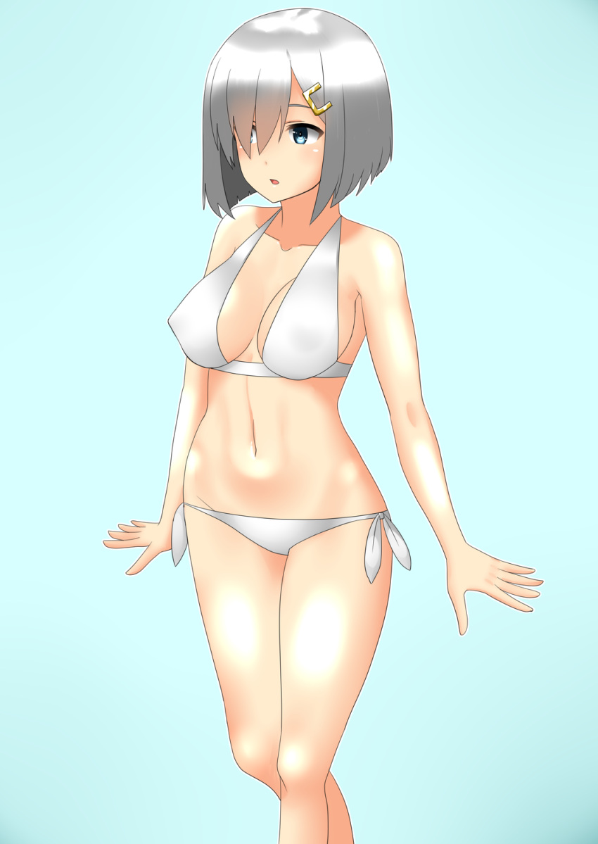 1girl 30-06 bikini blue_background blue_eyes breasts cowboy_shot hair_ornament hair_over_one_eye hairclip hamakaze_(kantai_collection) highres kantai_collection lowleg lowleg_bikini medium_breasts navel short_hair side-tie_bikini silver_hair simple_background solo standing swimsuit white_bikini