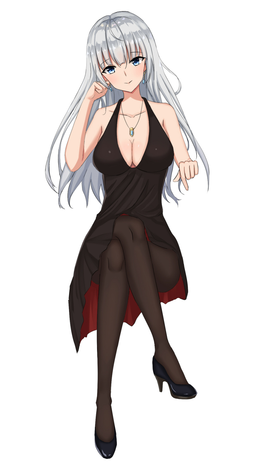 1girl bare_shoulders black_footwear black_skirt blue_eyes breasts cleavage collarbone earrings full_body high_heels highres invisible_chair jewelry kapamiao large_breasts legs_crossed long_hair looking_at_viewer necklace original pantyhose silver_hair sitting skirt smile solo