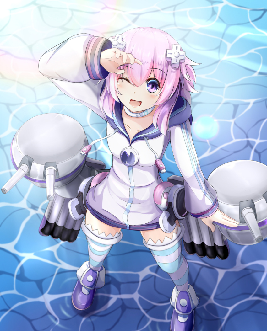 1girl azur_lane choker d-pad d-pad_hair_ornament hair_ornament highres hood hooded_track_jacket hoodie jacket looking_at_viewer mctom neptune_(choujigen_game_neptune) neptune_(series) one_eye_closed open_mouth purple_hair solo striped striped_legwear track_jacket violet_eyes