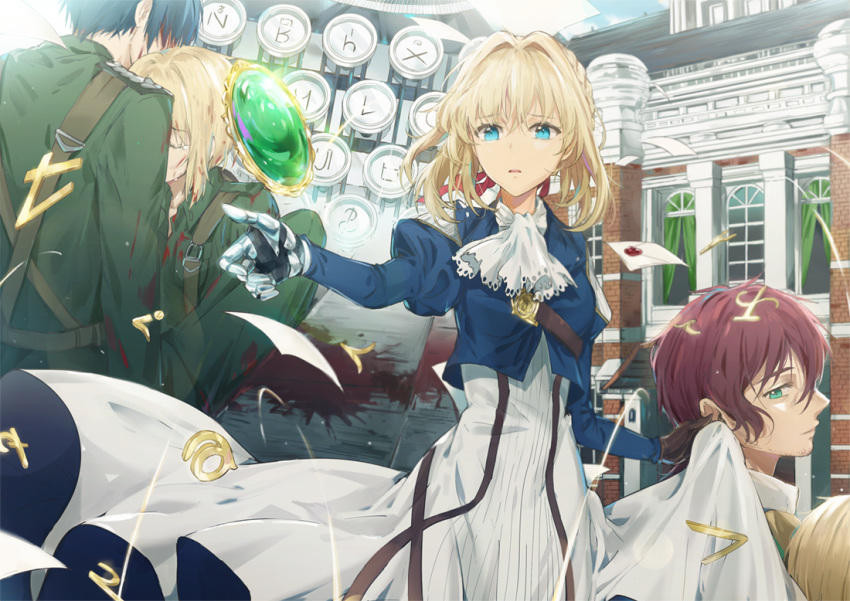 1boy 1girl blonde_hair blue_eyes dangmill green_eyes puffy_sleeves typewriter violet_evergarden violet_evergarden_(character)