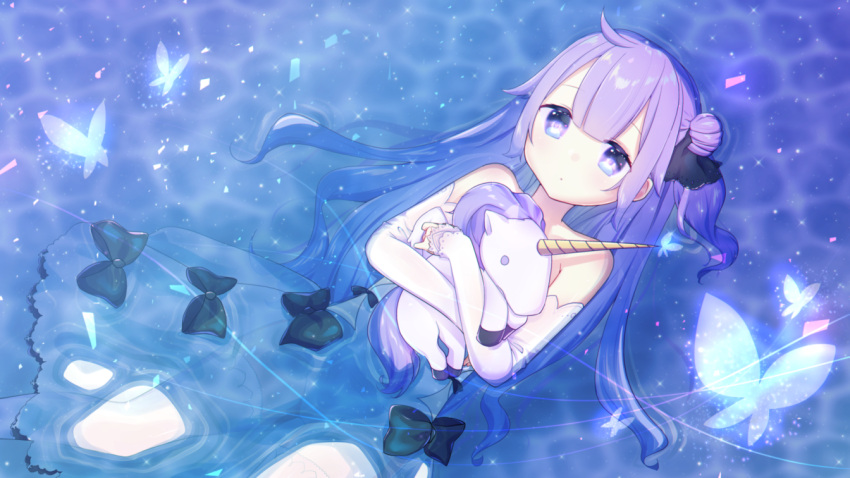 1girl azur_lane bangs bare_shoulders black_bow black_ribbon blush bow butterfly closed_mouth commentary detached_sleeves dress eyebrows_visible_through_hair hair_bun hair_ribbon kuma_no_yume long_hair long_sleeves looking_at_viewer lying object_hug on_back one_side_up partially_submerged purple_hair ribbon see-through side_bun sleeves_past_wrists solo strapless strapless_dress stuffed_animal stuffed_pegasus stuffed_toy stuffed_unicorn thigh-highs unicorn_(azur_lane) very_long_hair violet_eyes water white_dress white_legwear