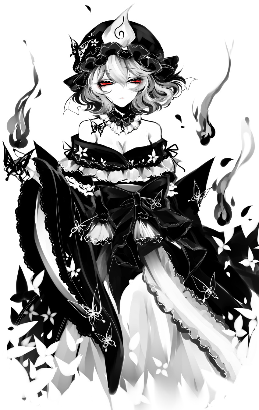 1girl absurdres adapted_costume black_nails bow breasts butterfly cleavage commentary_request detached_collar dress eyebrows_visible_through_hair frills greyscale hair_between_eyes hat highres limited_palette long_sleeves looking_at_viewer mob_cap monochrome nail_polish off-shoulder_dress off_shoulder red_eyes saigyouji_yuyuko sheya short_hair simple_background solo spot_color touhou triangular_headpiece white_background wide_sleeves