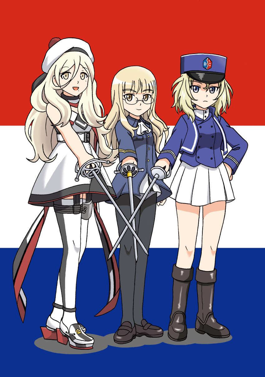 3girls :d absurdres ascot bad_id bad_pixiv_id bc_freedom_(emblem) beret black_legwear blonde_hair blue_eyes boots brown_eyes commentary_request crossover dress error flag_background france french_flag garter_straps girls_und_panzer girls_und_panzer_saishuushou glasses hat highres holding hoshino_banchou kantai_collection kepi light_brown_hair long_hair looking_at_viewer mole mole_under_eye multiple_crossover multiple_girls open_mouth oshida_(girls_und_panzer) pantyhose perrine_h_clostermann pleated_skirt rapier richelieu_(kantai_collection) scarf skirt smile strapless strapless_dress strike_witches sword trait_connection weapon world_witches_series