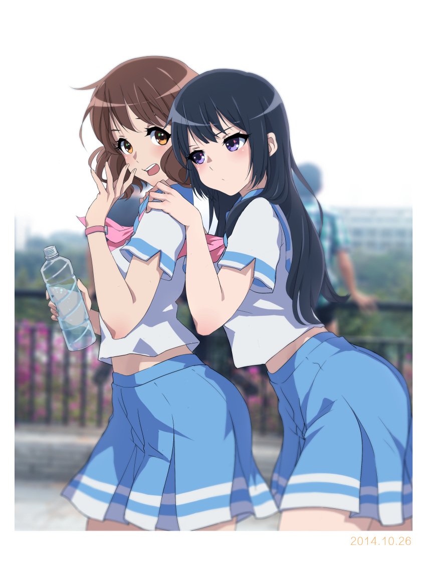1boy 2girls :/ ;d absurdres bangs black_hair blurry blurry_background blush bottle brown_eyes brown_hair cowboy_shot dated day depth_of_field eyelashes hand_on_another's_shoulder hibike!_euphonium highlights highres holding holding_bottle kousaka_reina leaning_forward long_hair looking_at_viewer looking_to_the_side multicolored_hair multiple_girls neckerchief one_eye_closed open_mouth oumae_kumiko outdoors outside_border pink_neckwear railing round_teeth school_uniform serafuku shirt short_hair short_sleeves smile standing tareme teeth violet_eyes watch watch water water_bottle waving white_shirt worst_(am-worst)