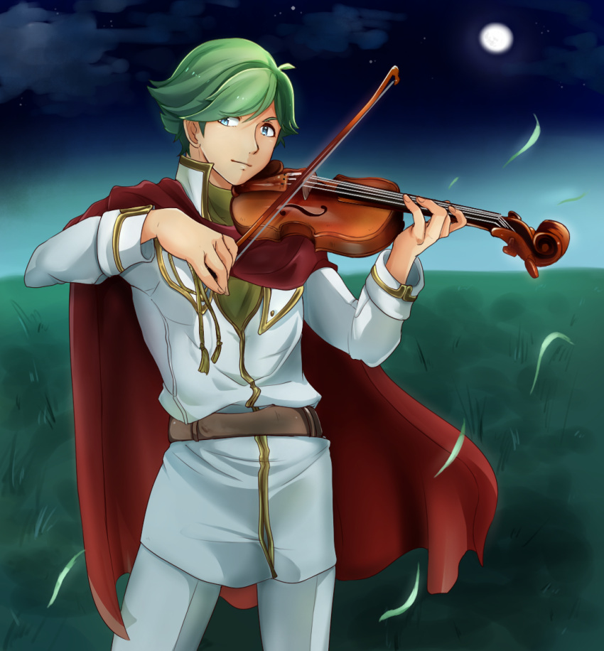 1boy alternate_costume blue_eyes cape fire_emblem fire_emblem:_mystery_of_the_emblem grass green_hair instrument kizi_sizui23 male_focus moon night night_sky sky solo tomas_(fire_emblem) upper_body violin