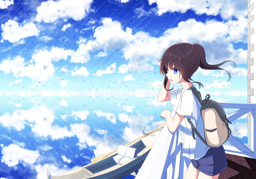 1girl ;d aa_(sin2324) animal arm_support backpack bag balcony bangs bird blue_eyes blue_shorts blue_sky brown_hair clouds cloudy_sky commentary_request day eyebrows_visible_through_hair gondola hair_between_eyes hakama-chan_(aa) high_ponytail highres long_hair oar one_eye_closed open_mouth original outdoors ponytail railing reflection salar_de_uyuni shirt short_shorts short_sleeves shorts sidelocks sky smile solo white_shirt