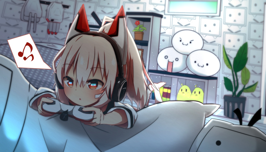 1girl :3 :o animal_ears ayanami_(azur_lane) azur_lane bangs barefoot blush cannon closed_mouth commentary_request controller eye_reflection eyebrows_visible_through_hair flower game_controller hair_between_eyes headphones high_ponytail highres holding idaten93 indoors light_brown_hair long_hair looking_away lying musical_note niconico on_stomach parted_lips pillow plant playing_games ponytail potted_plant quaver red_eyes red_flower reflection shirt shoboon solo spoken_musical_note terebi-chan turret v-shaped_eyebrows white_shirt