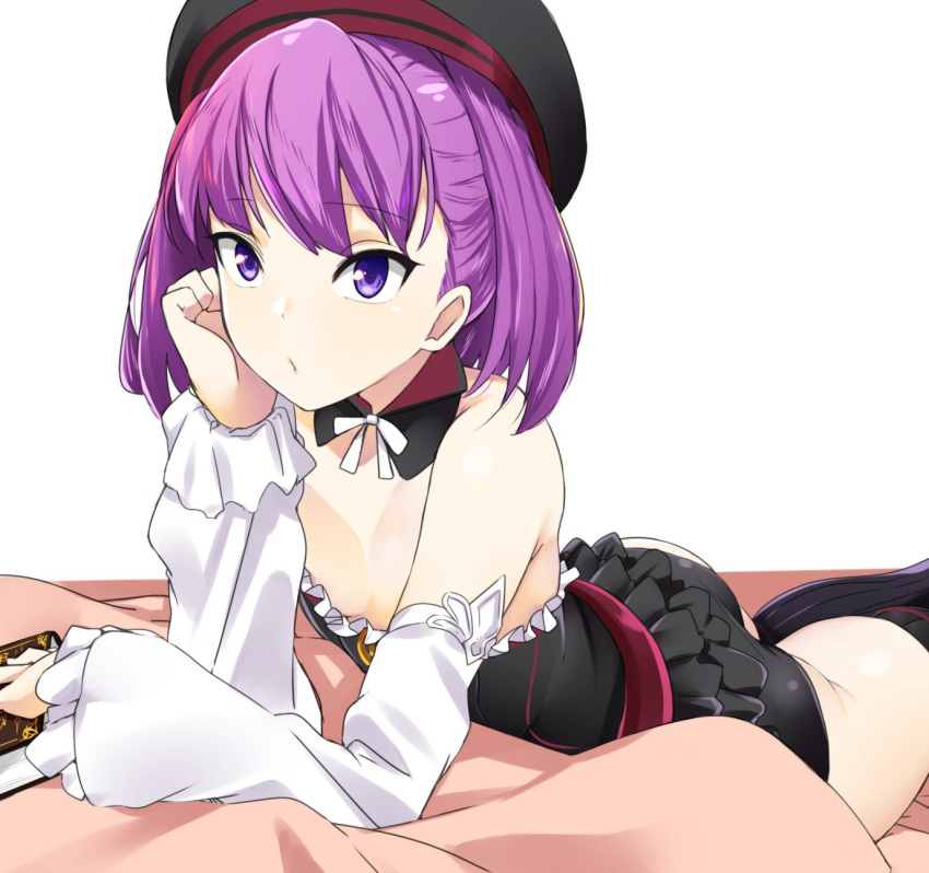 1girl arm_support ass bare_shoulders black_panties book detached_collar detached_sleeves dress fate/grand_order fate_(series) hat helena_blavatsky_(fate/grand_order) highres lying manabebebe on_stomach panties purple_hair short_hair solo strapless strapless_dress tree_of_life underwear violet_eyes