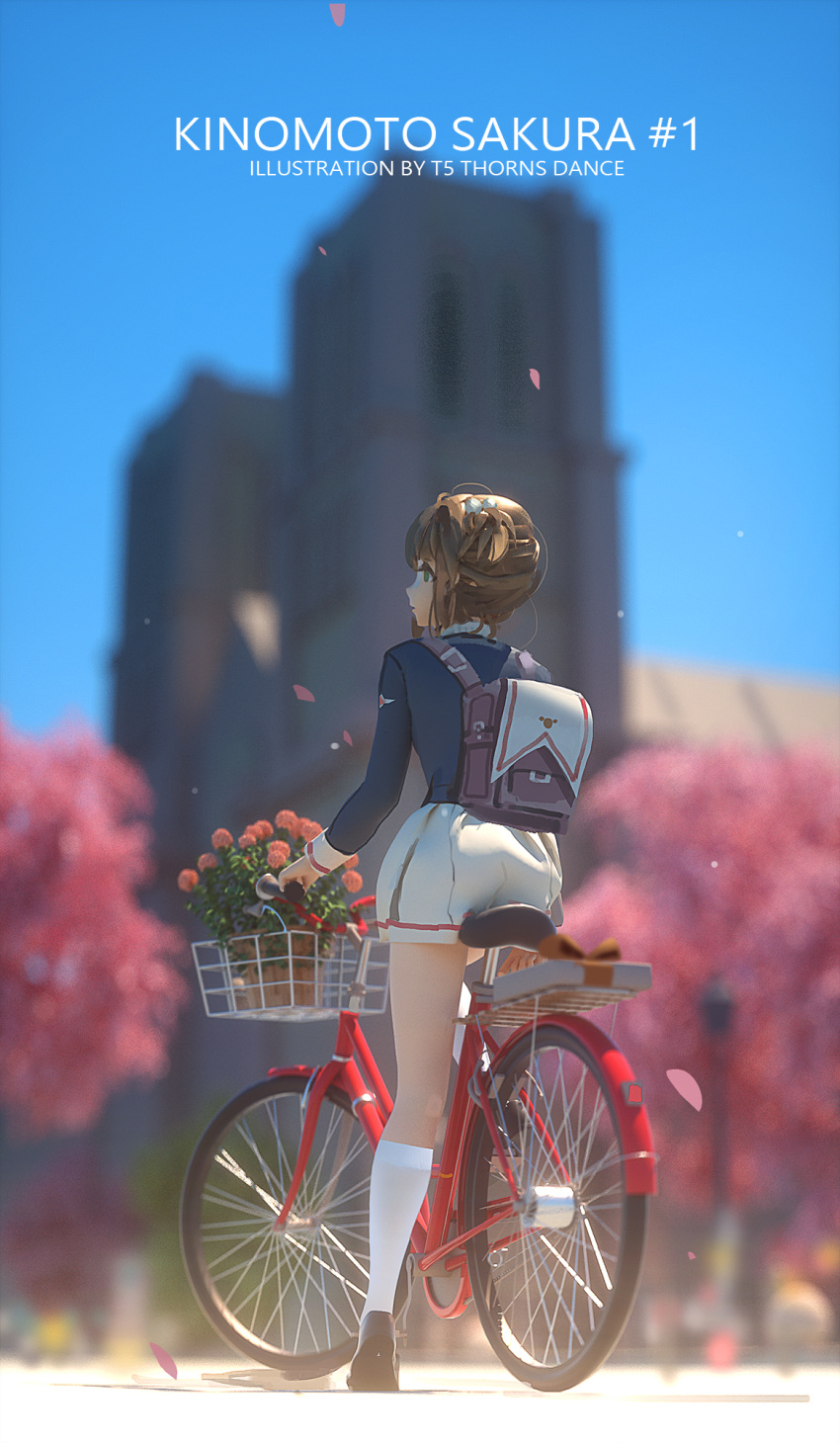 1girl artist_name backpack bag bicycle bicycle_basket black_footwear black_shirt blue_sky blurry blurry_background brown_hair building card_captor_sakura character_name cherry_blossoms day depth_of_field flower from_behind full_body green_eyes ground_vehicle highres ibara_dance kinomoto_sakura kneehighs long_sleeves looking_afar miniskirt no_pupils outdoors parted_lips petals plant potted_plant shirt shoes short_hair skirt sky solo spring_(season) sunlight white_legwear white_skirt