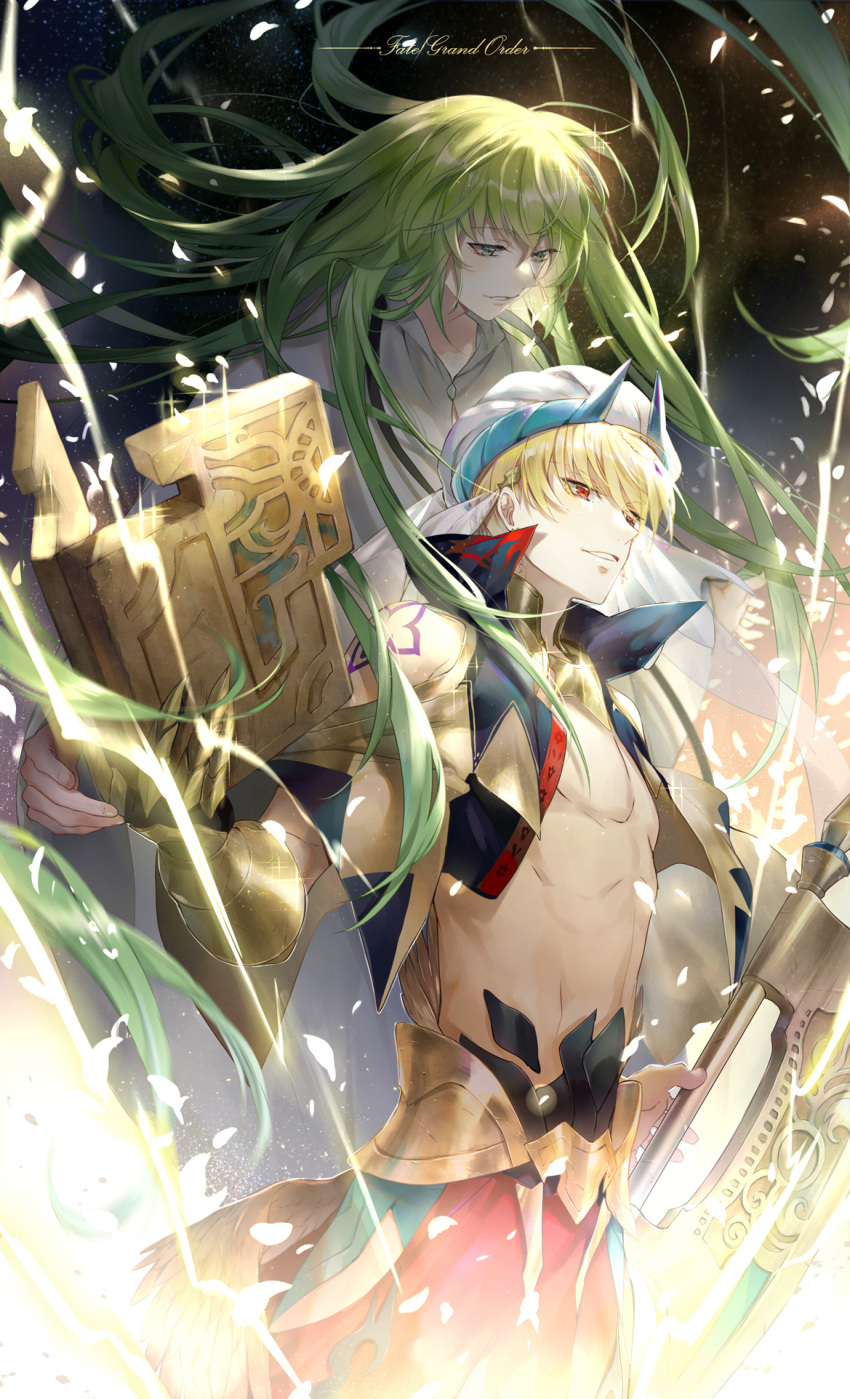 2boys armor axe bare_shoulders blonde_hair book commentary_request cropped_jacket earrings ekita_xuan enkidu_(fate/strange_fake) eyebrows_visible_through_hair fate/grand_order fate_(series) faulds fingernails gauntlets gilgamesh gilgamesh_(caster)_(fate) gorget green_eyes green_hair hat high_collar highres holding holding_book holding_weapon horns jacket jewelry long_hair long_sleeves male_focus multiple_boys open_book open_clothes open_jacket petals red_eyes robe single_gauntlet smile standing tattoo turban very_long_hair weapon wide_sleeves