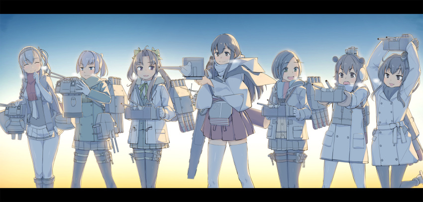 6+girls :d ahoge akagi_(kantai_collection) arms_up bangs black_hair black_legwear blue_eyes bow breath brown_eyes brown_gloves brown_hair cardigan clothes_writing coat collared_shirt commentary_request double-breasted duffel_coat earmuffs eyebrows_visible_through_hair flight_deck gahaku gloves green_neckwear green_ribbon hachimaki hair_ornament hairband hand_up headband highres holding kagerou_(kantai_collection) kantai_collection kuroshio_(kantai_collection) legs_apart legs_together letterboxed lineup long_hair long_sleeves looking_at_another looking_to_the_side machinery miniskirt multiple_girls neck_ribbon necktie open_mouth outstretched_arms pantyhose plaid pleated_skirt pocket ponytail quiver ribbon scarf school_uniform shiranui_(kantai_collection) shirt short_hair side_slit sidelocks silver_hair skirt smile standing standing_on_one_leg suzutsuki_(kantai_collection) thigh-highs thigh_strap tokitsukaze_(kantai_collection) turret twintails v-shaped_eyebrows vest white_gloves white_legwear white_neckwear white_scarf white_skirt wide_sleeves yukikaze_(kantai_collection) zettai_ryouiki