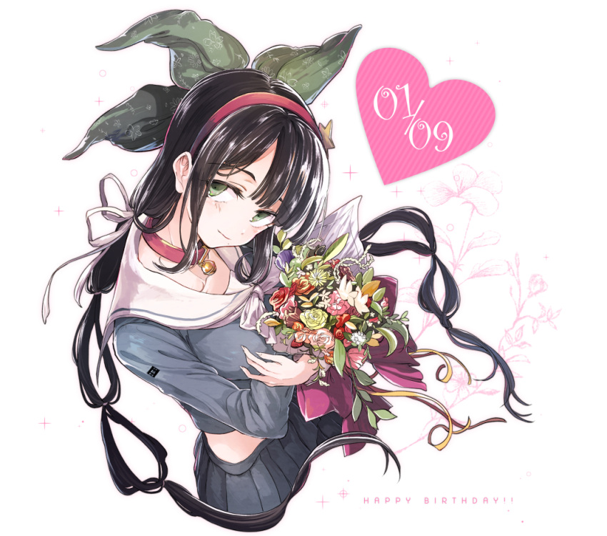 1girl bell bell_choker black_hair blue_skirt bouquet chabashira_tenko choker dangan_ronpa flower green_eyes hair_ornament hair_ribbon hairband hairclip happy_birthday heart hisona_(suaritesumi) new_dangan_ronpa_v3 ribbon school_uniform serafuku short_hair skirt twintails