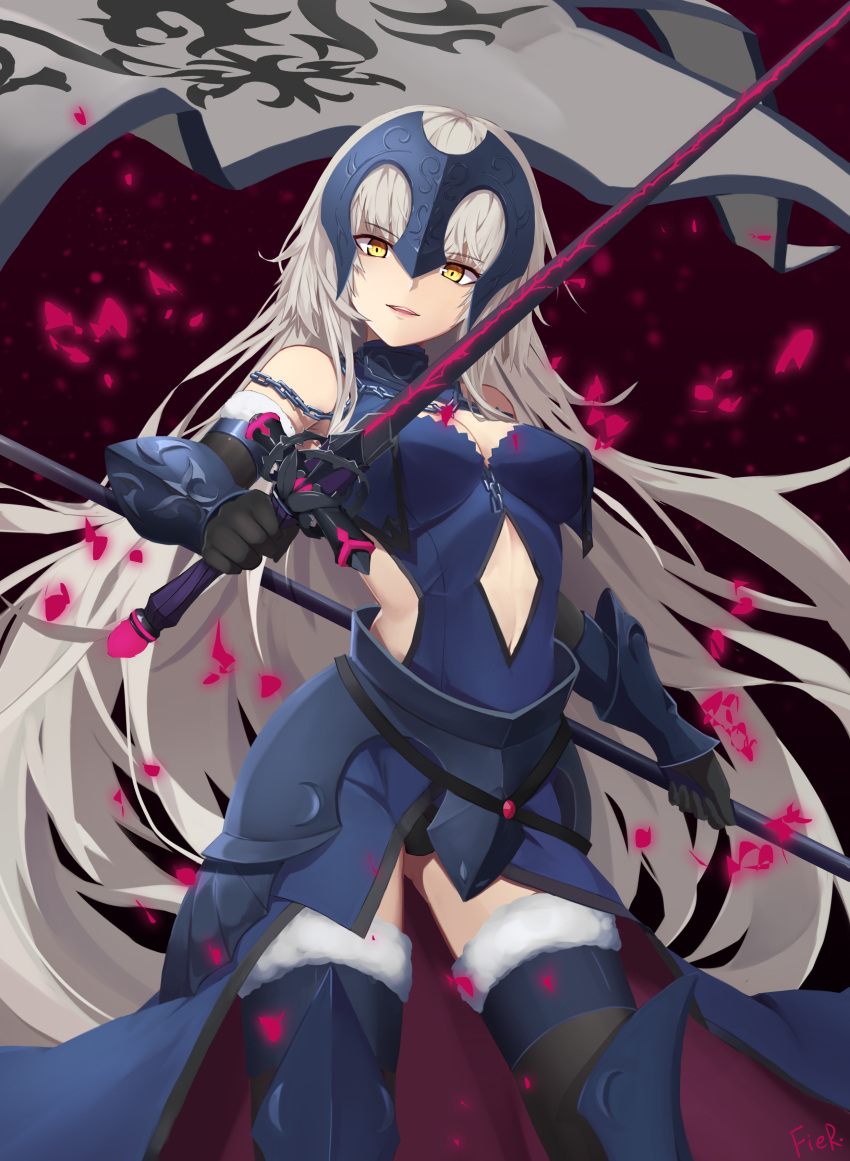 1girl absurdres armor armored_dress banner black_footwear black_gloves black_legwear black_panties blue_dress boots breasts chains cleavage cleavage_cutout cowboy_shot dress elbow_gloves eyebrows_visible_through_hair fate/grand_order fate_(series) floating_hair fur_trim gloves highres holding holding_sword holding_weapon jeanne_d'arc_(alter)_(fate) jeanne_d'arc_(fate)_(all) large_breasts long_hair navel_cutout panties shiny shiny_clothes signature silver_hair sleeveless sleeveless_dress solo standing sword thigh-highs thigh_boots underwear very_long_hair weapon yellow_eyes
