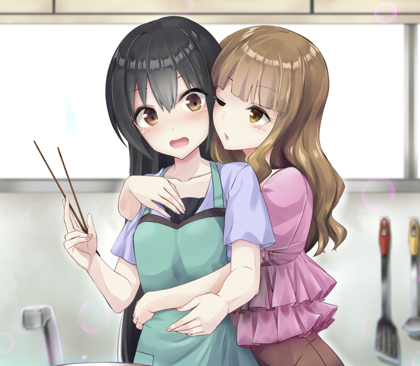 2girls ;o apron arm_around_shoulder arm_around_waist bangs black_hair blush breasts brown_eyes brown_hair brown_legwear bubble chopsticks collarbone commentary_request eye_contact eyebrows_visible_through_hair faucet frilled_shirt frills green_apron hand_up heavens_thunder_(byakuya-part2) highres holding_chopsticks indoors kitchen ladle long_hair looking_at_another multiple_girls official_art one_eye_closed open_mouth original pink_shirt purple_shirt shirt short_sleeves sink spatula surprised very_long_hair wavy_mouth window yuri