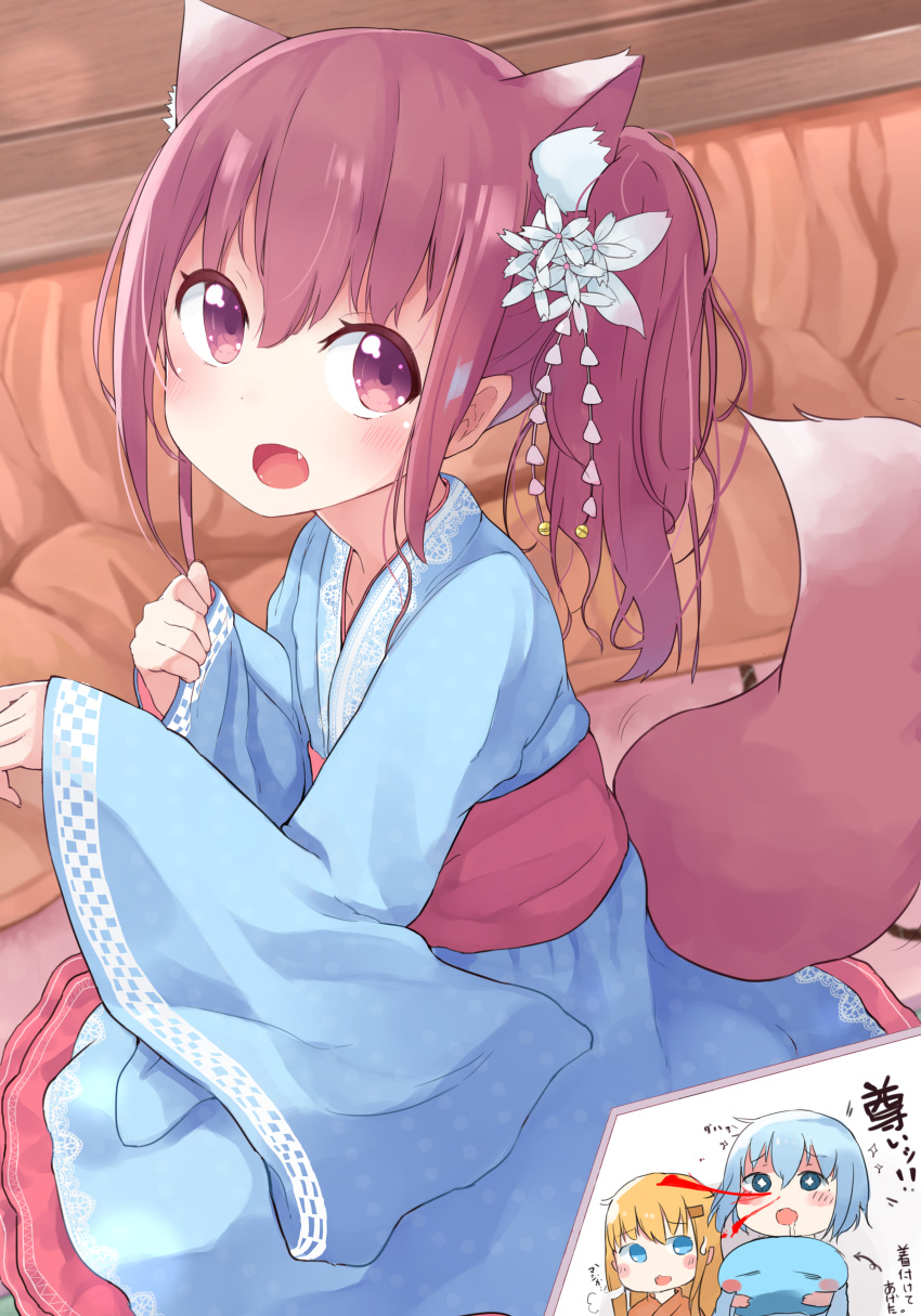 +_+ 3girls :d :o absurdres animal_ears bangs blonde_hair blood blue_eyes blue_hair blue_kimono blush brown_eyes brown_hair brown_kimono collarbone commentary_request dog_ears dog_girl dog_tail drooling eyebrows_visible_through_hair fang flower hair_between_eyes hair_flower hair_ornament hairclip highres japanese_clothes kimono long_hair long_sleeves multiple_girls nosebleed obi okota_mikan open_mouth original pinching_sleeves saliva sash side_ponytail sigh smile sparkle sweat tail translation_request white_flower wide_sleeves
