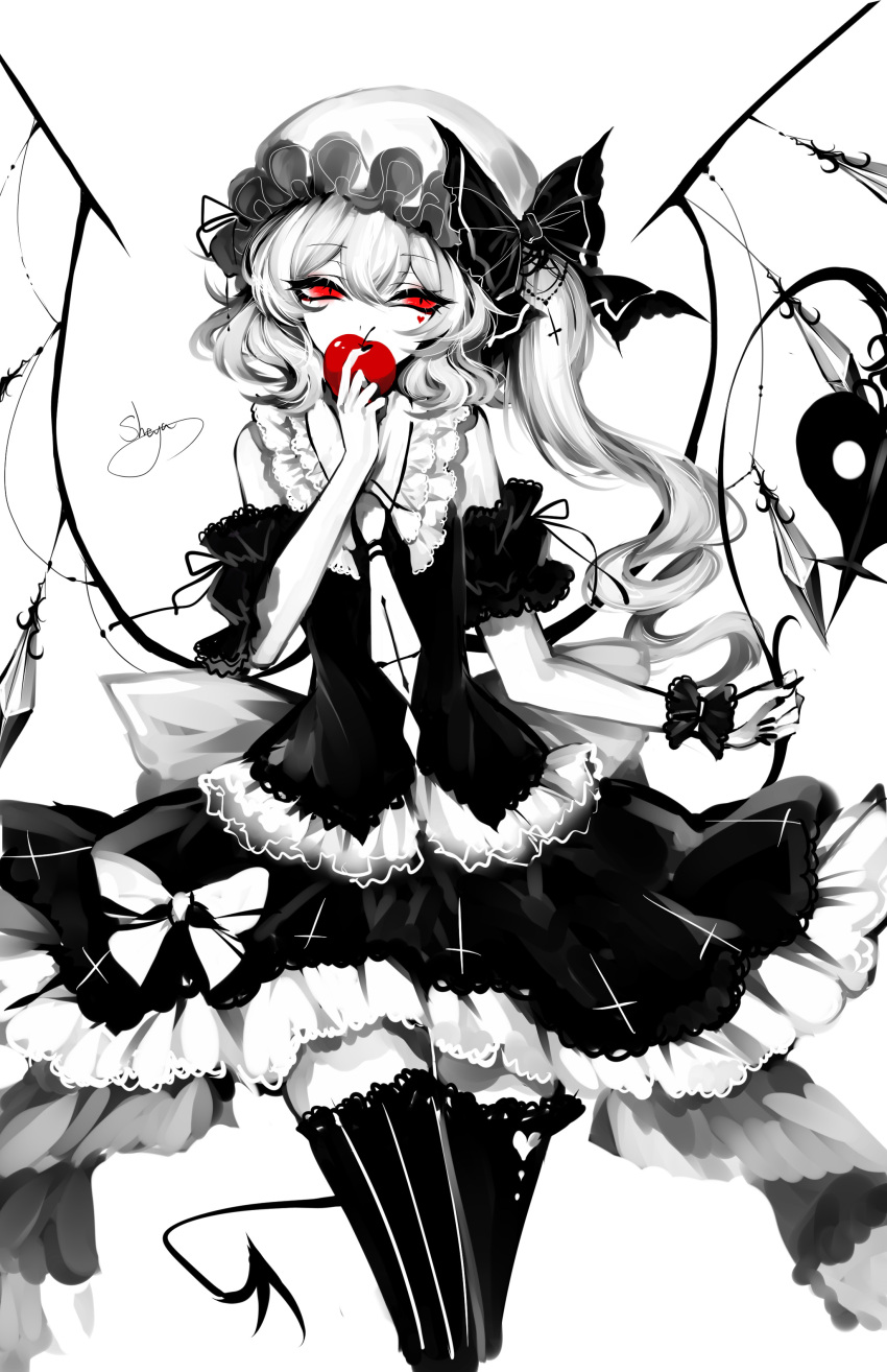 1girl absurdres alternate_costume apple artist_name bare_shoulders black_legwear black_nails bow cowboy_shot dress eyebrows_visible_through_hair flandre_scarlet food frills fruit greyscale hair_between_eyes hat hat_bow heart highres holding holding_fruit laevatein limited_palette mob_cap monochrome nail_polish necktie petticoat red_eyes sheya short_hair side_ponytail signature simple_background solo spot_color thigh-highs touhou white_background wings wrist_cuffs zettai_ryouiki