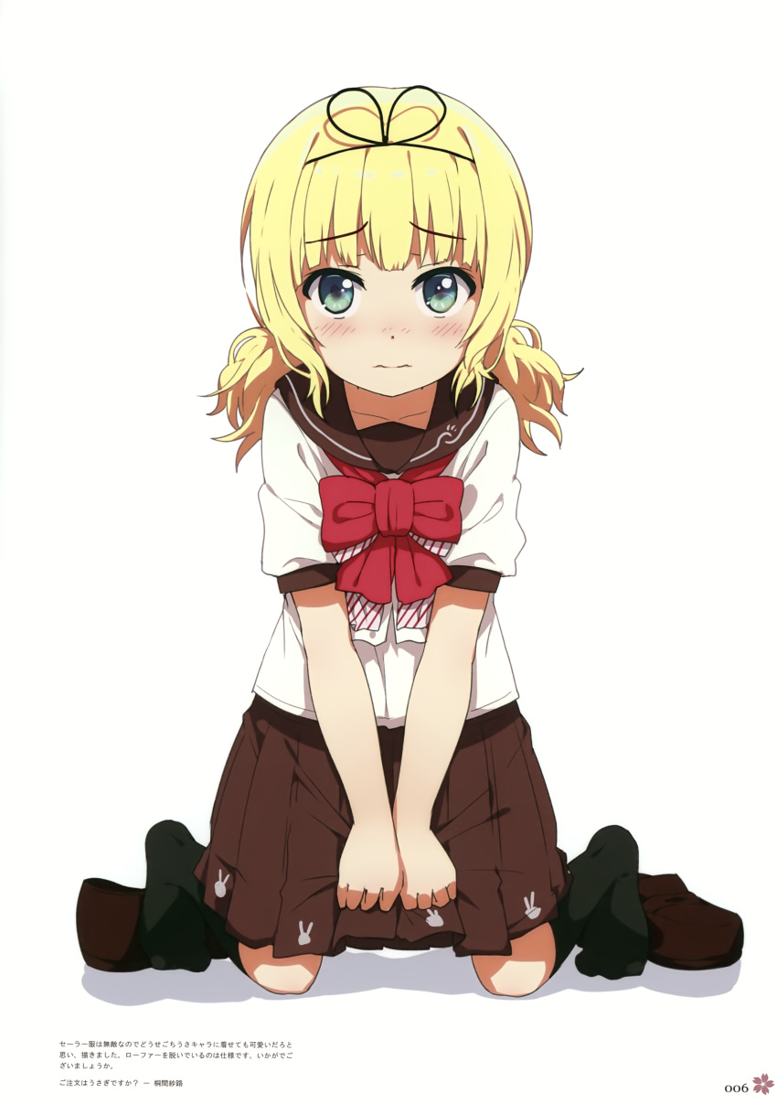 1girl absurdres black_legwear black_ribbon blonde_hair blush bow bowtie brown_footwear brown_skirt collarbone embarrassed full_body gochuumon_wa_usagi_desu_ka? green_eyes hair_ribbon highres kirima_sharo kneeling long_hair looking_at_viewer miniskirt ogipote page_number pleated_skirt red_bow red_neckwear ribbon school_uniform serafuku shirt shoes_removed short_sleeves short_twintails simple_background skirt solo twintails white_background white_shirt