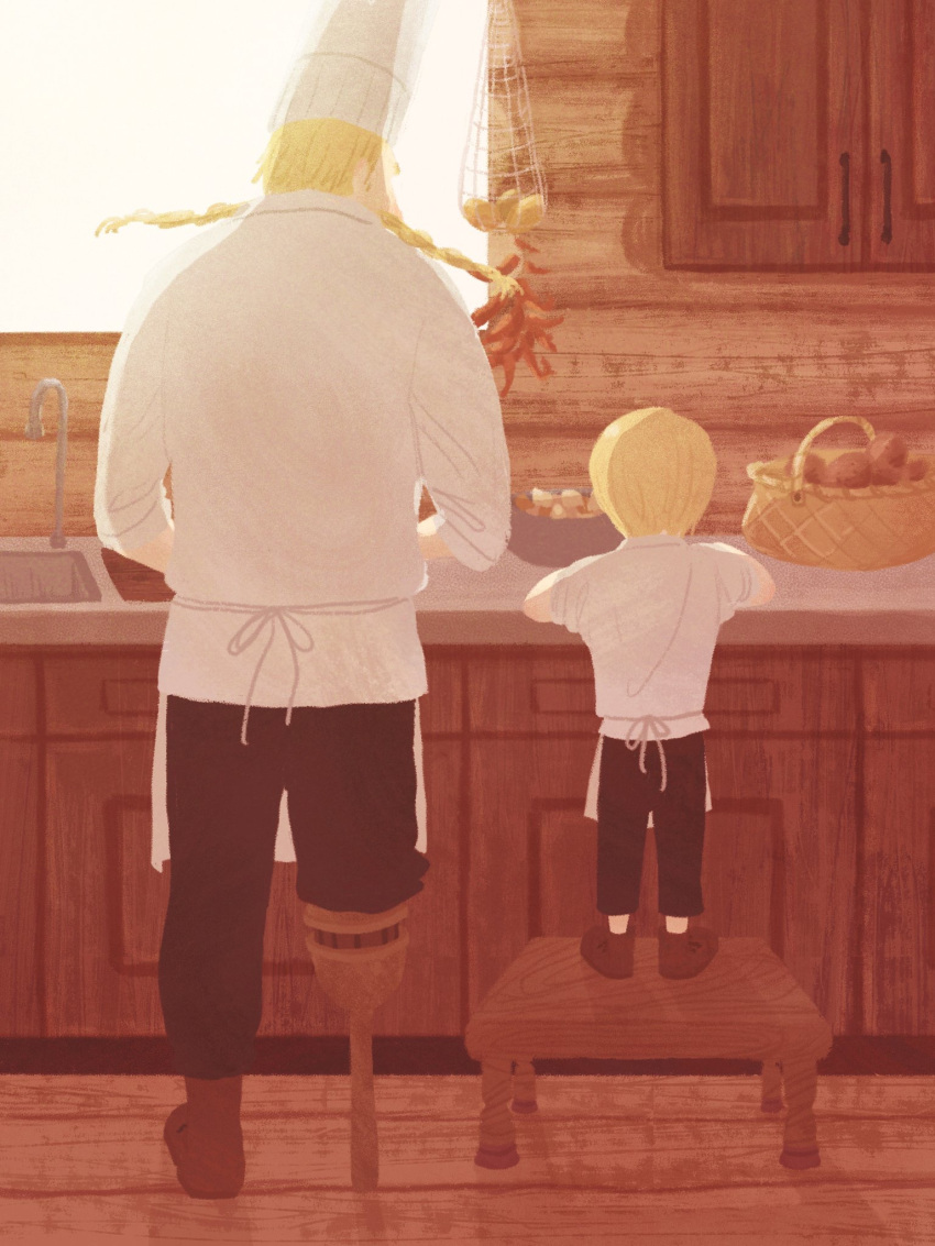 2boys amputee apron basket blonde_hair braided_beard child cook cooking facial_hair father_and_son faucet food from_behind full_body hat height_difference highres indoors kitchen long_sleeves male_focus multiple_boys mustache one_piece pants potato prosthesis red_shoes_zeff sanji shirt short_hair sink sleeves_rolled_up standing window zoeychuan