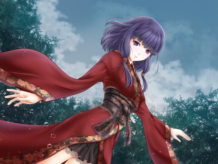 1girl artist_request character_request copyright_request eyebrows_visible_through_hair floating_hair fringe highres japanese_clothes kimono long_sleeves looking_at_viewer outdoors parted_lips purple_hair red_kimono short_hair violet_eyes wide_sleeves