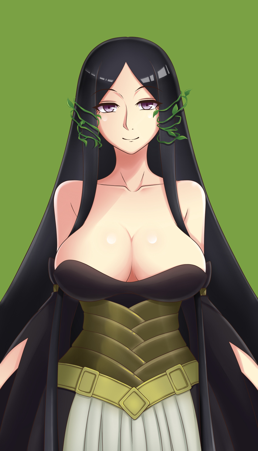 1girl absurdres arsim bangs bare_shoulders black_hair breasts cleavage closed_mouth collarbone corset detached_sleeves dress green_background hair_ornament highres large_breasts long_hair looking_at_viewer mahou_tsukai_no_yome parted_bangs plant sidelocks simple_background smile solo strapless strapless_dress titania_(mahou_tsukai_no_yome) upper_body very_long_hair vines violet_eyes wide_sleeves